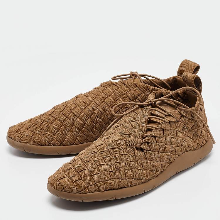 Pre Owned Bottega Veneta Green Woven Fabric Lace Up Sneakers Size 43