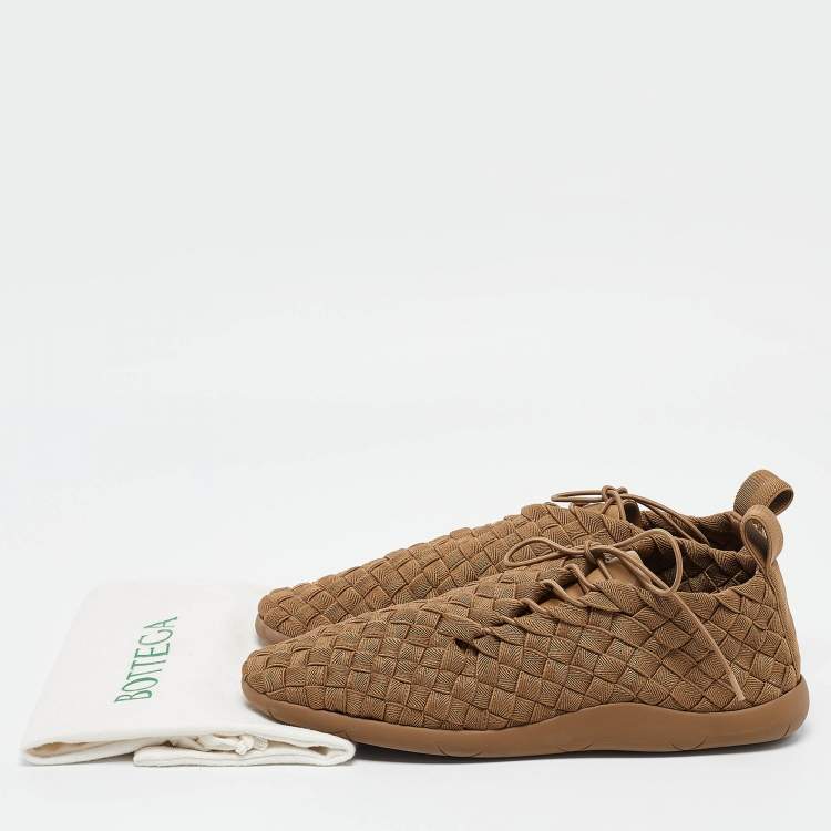 Pre Owned Bottega Veneta Green Woven Fabric Lace Up Sneakers Size 43