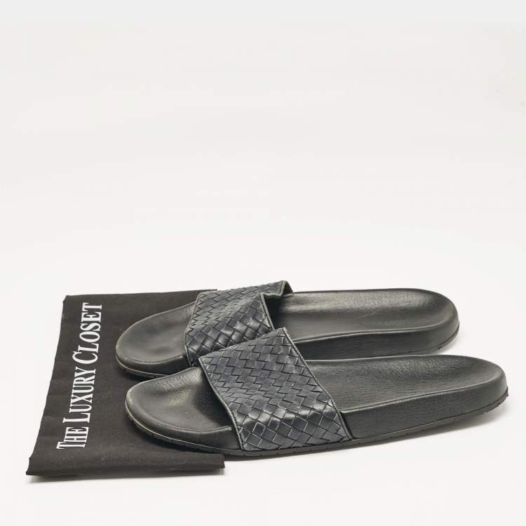Pre Owned Bottega Veneta Black Intrecciato Leather Lake Slide Sandals Size 46