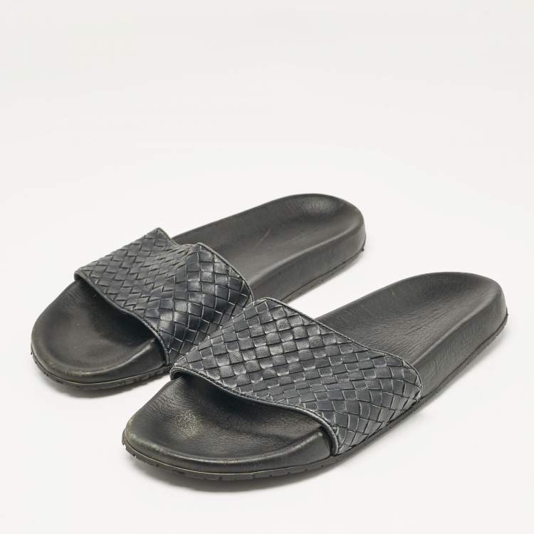 Pre Owned Bottega Veneta Black Intrecciato Leather Lake Slide Sandals Size 46