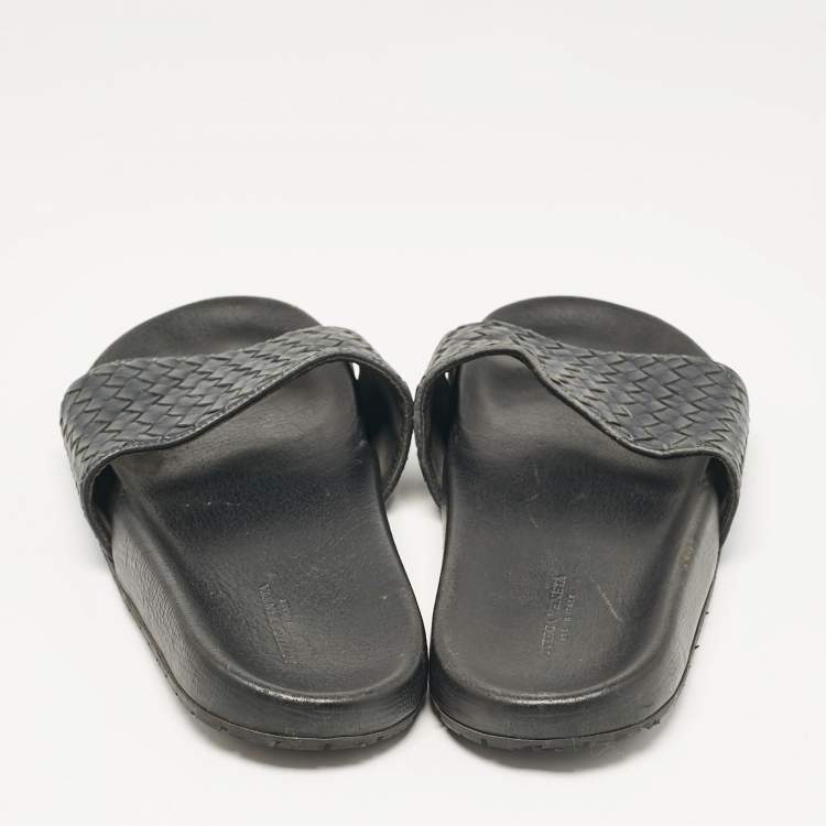 Pre Owned Bottega Veneta Black Intrecciato Leather Lake Slide Sandals Size 46