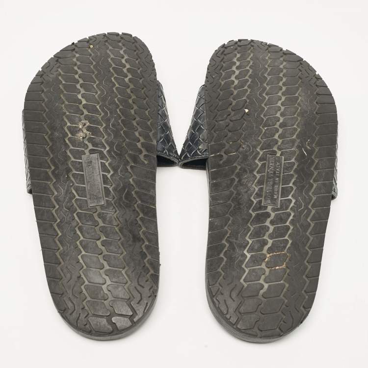 Pre Owned Bottega Veneta Black Intrecciato Leather Lake Slide Sandals Size 46