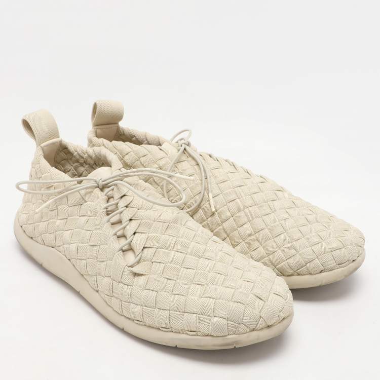 Pre Owned Bottega Veneta Off-White Intrecciato Elasticated Fabric Plat Sneakers Size 45