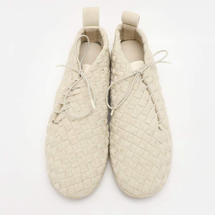 Pre Owned Bottega Veneta Off-White Intrecciato Elasticated Fabric Plat Sneakers Size 45