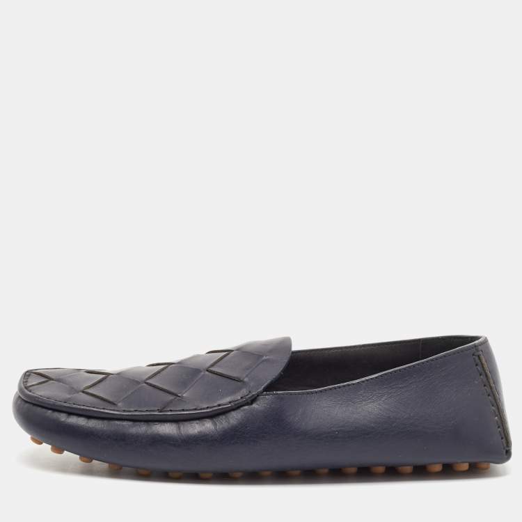 Pre Owned Bottega Veneta Navy Blue Intrecciato Leather Douglas Loafers Size 43.5