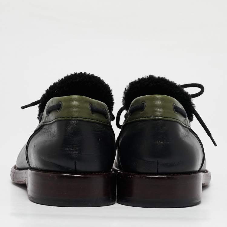 Pre Owned Bottega Veneta Black/Green Leather Slip On Loafers Size 42