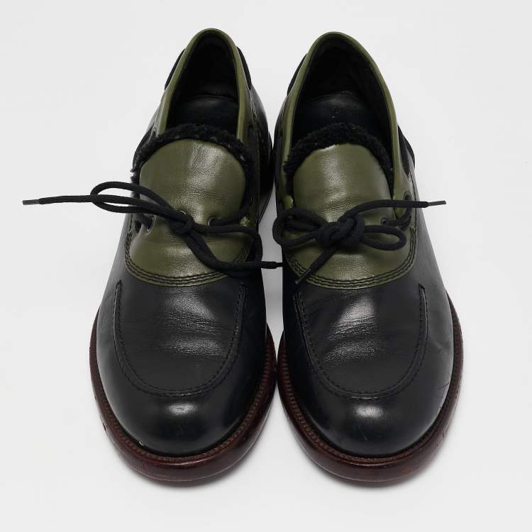 Pre Owned Bottega Veneta Black/Green Leather Slip On Loafers Size 42