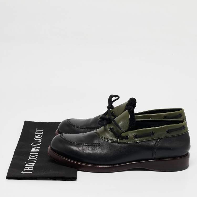 Pre Owned Bottega Veneta Black/Green Leather Slip On Loafers Size 42