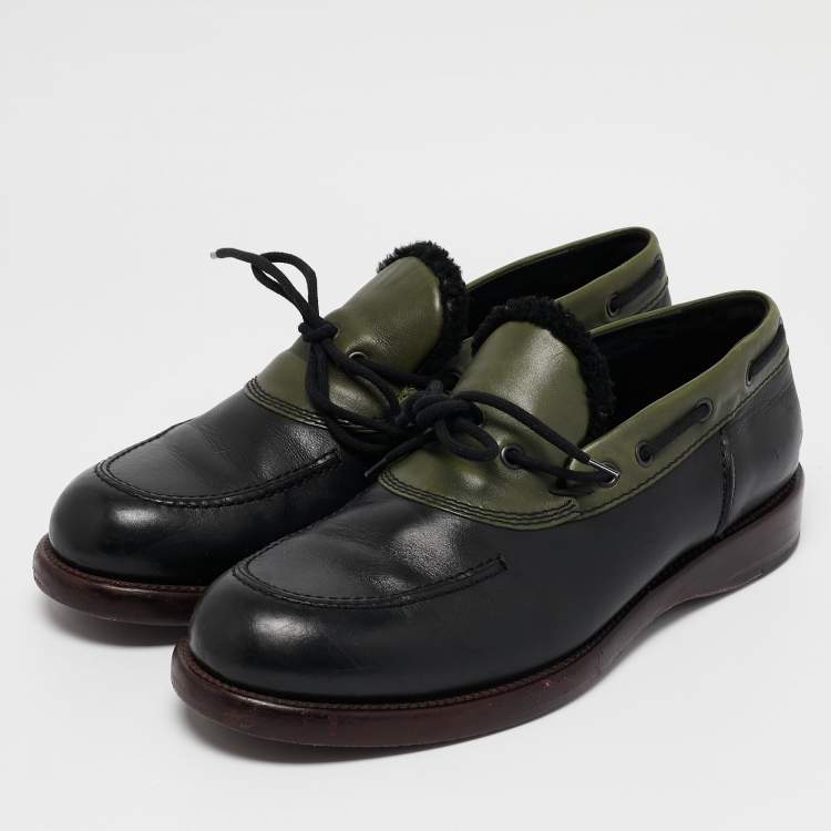 Pre Owned Bottega Veneta Black/Green Leather Slip On Loafers Size 42