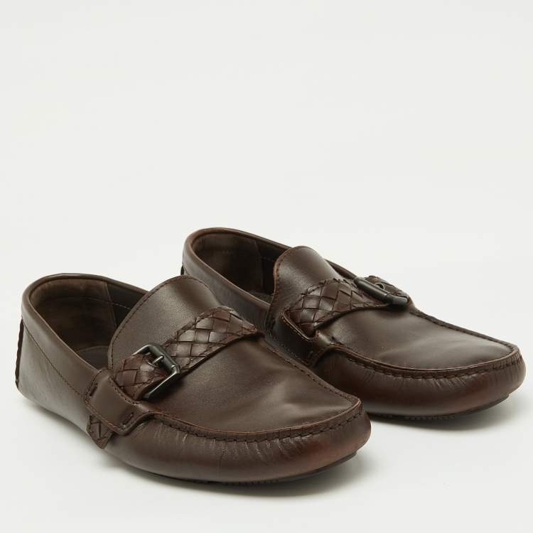 Pre Owned Bottega Veneta Dark Brown Leather Intrecciato Buckle Slip On Loafers Size 42
