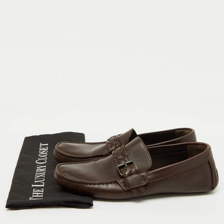 Pre Owned Bottega Veneta Dark Brown Leather Intrecciato Buckle Slip On Loafers Size 42