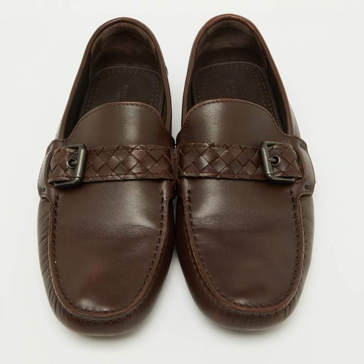 Pre Owned Bottega Veneta Dark Brown Leather Intrecciato Buckle Slip On Loafers Size 42