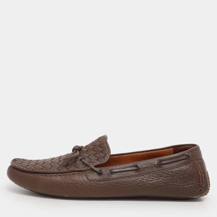 Pre Owned Bottega Veneta Brown Leather Intrecciato Loafers Size 45