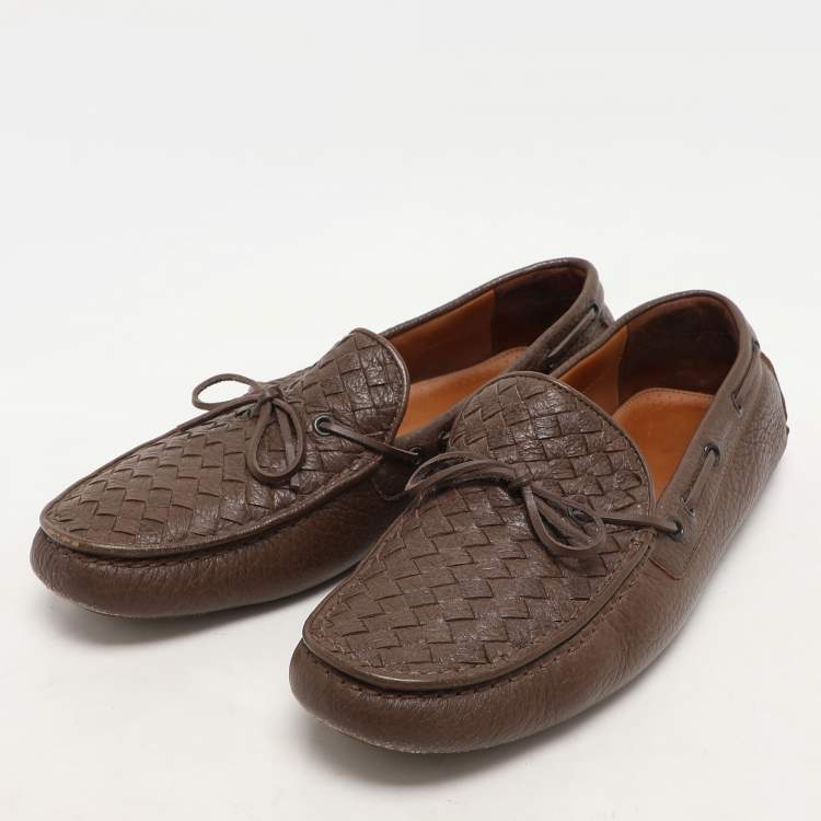Pre Owned Bottega Veneta Brown Leather Intrecciato Loafers Size 45