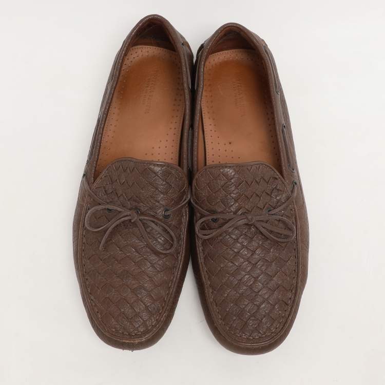 Pre Owned Bottega Veneta Brown Leather Intrecciato Loafers Size 45