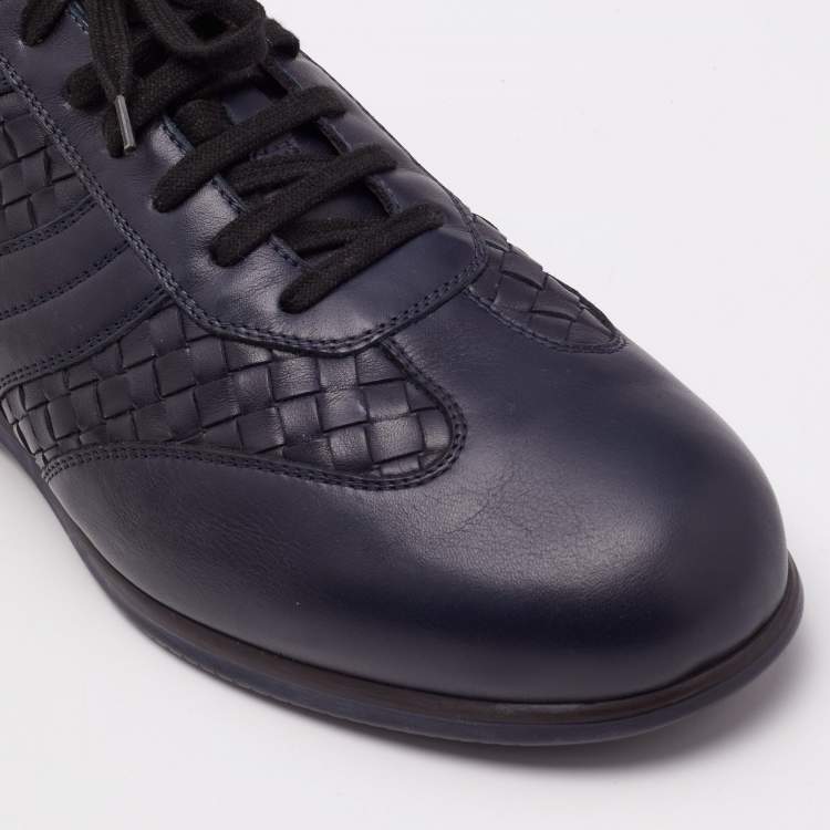 Pre Owned Bottega Veneta Navy Blue Intrecciato Lace Up Sneakers Size 45