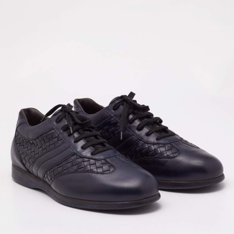 Pre Owned Bottega Veneta Navy Blue Intrecciato Lace Up Sneakers Size 45