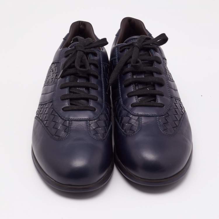 Pre Owned Bottega Veneta Navy Blue Intrecciato Lace Up Sneakers Size 45