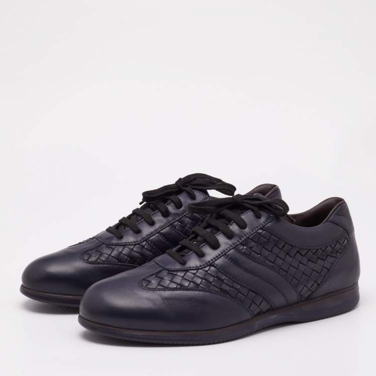 Pre Owned Bottega Veneta Navy Blue Intrecciato Lace Up Sneakers Size 45