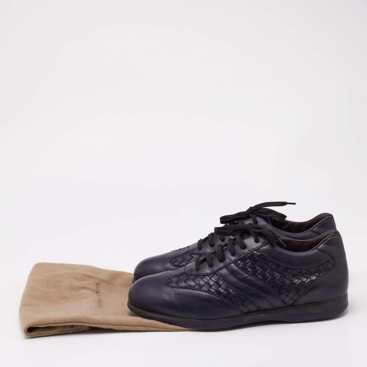 Pre Owned Bottega Veneta Navy Blue Intrecciato Lace Up Sneakers Size 45
