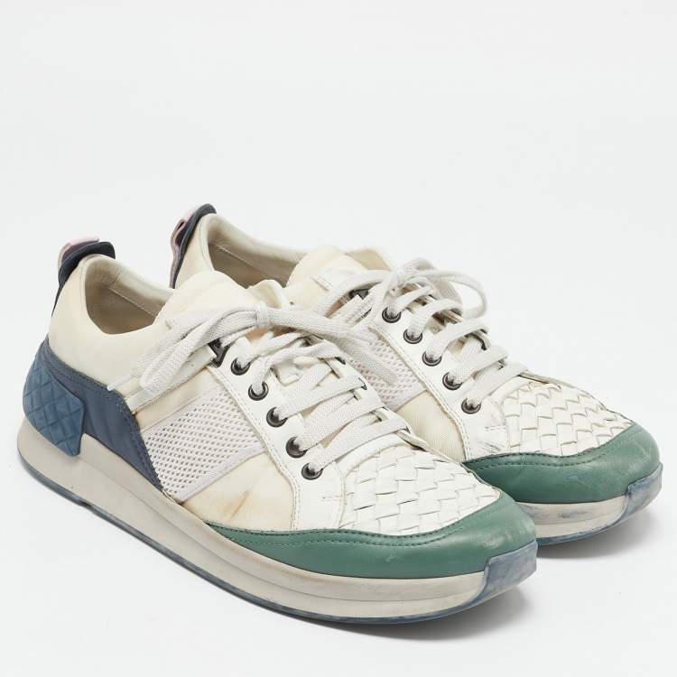 Pre Owned Bottega Veneta Multicolor Leather and Suede Intrecciato Lace Up Sneakers Size 42.5