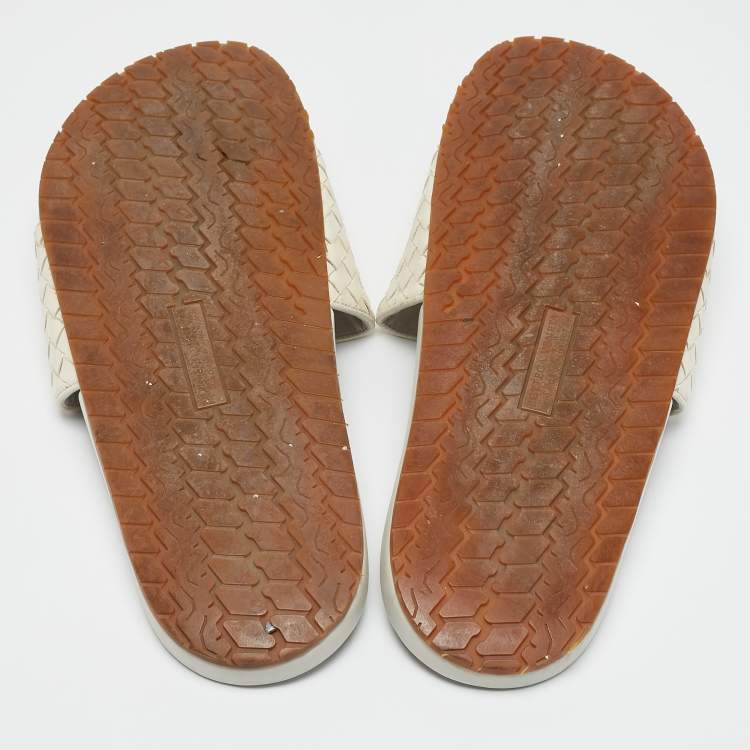 Pre Owned Bottega Veneta Cream Intrecciato Leather Lake Slide Sandals Size 45