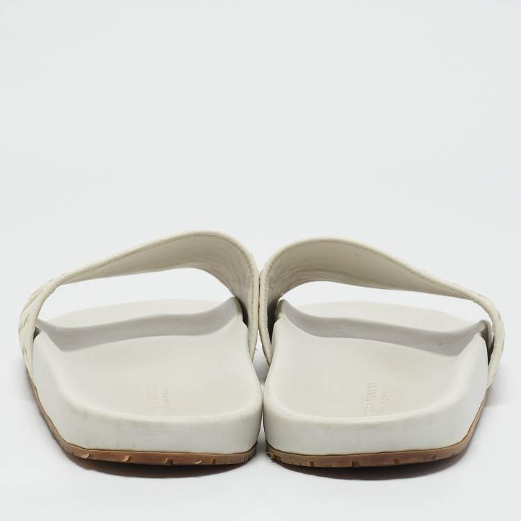 Pre Owned Bottega Veneta Cream Intrecciato Leather Lake Slide Sandals Size 45