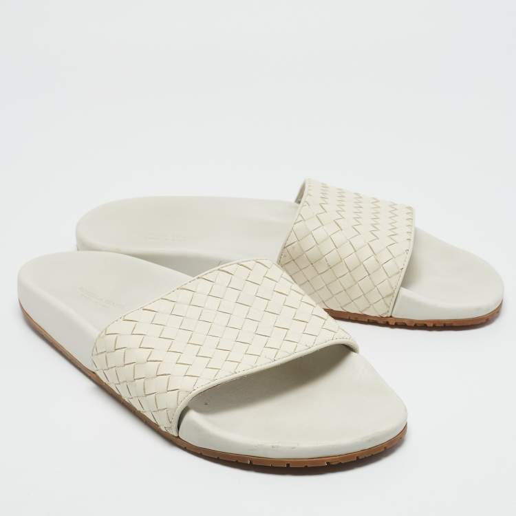 Pre Owned Bottega Veneta Cream Intrecciato Leather Lake Slide Sandals Size 45
