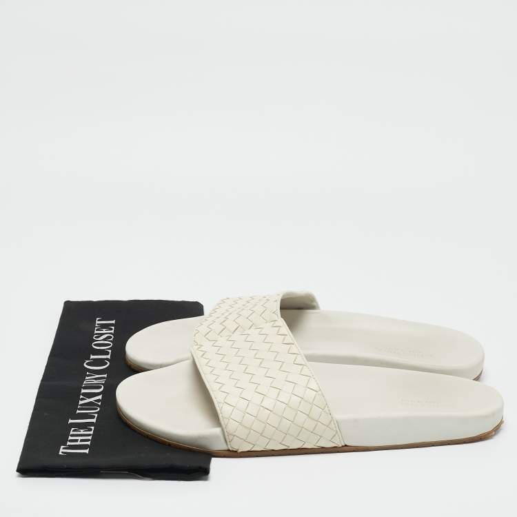Pre Owned Bottega Veneta Cream Intrecciato Leather Lake Slide Sandals Size 45