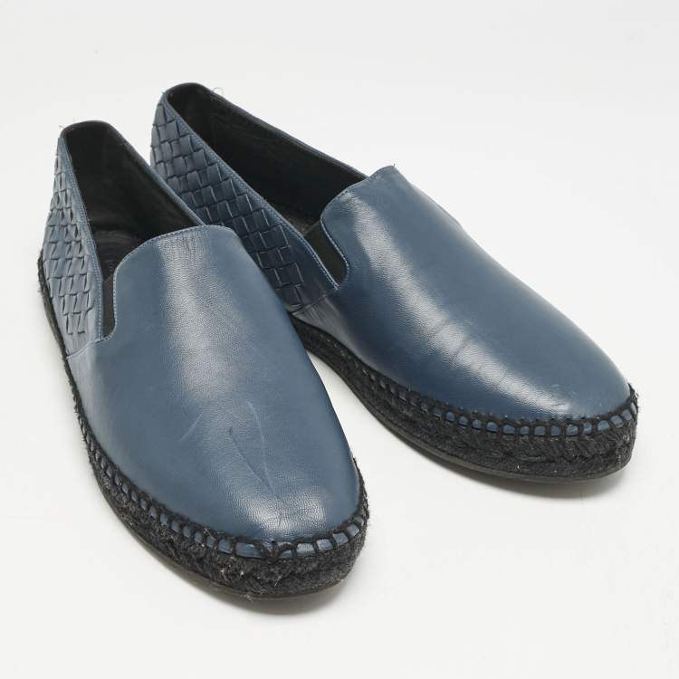 Pre Owned Bottega Veneta Navy Blue Leather Intrecciato Espadrille Flats Size 42