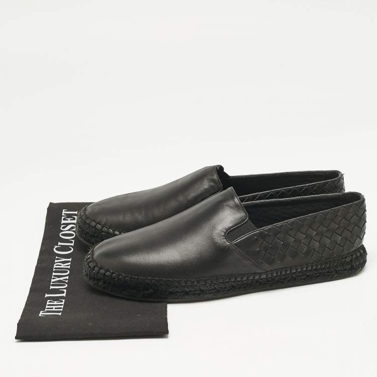 Pre Owned Bottega Veneta Black Intrecciato Leather Slip On Loafers Size 43