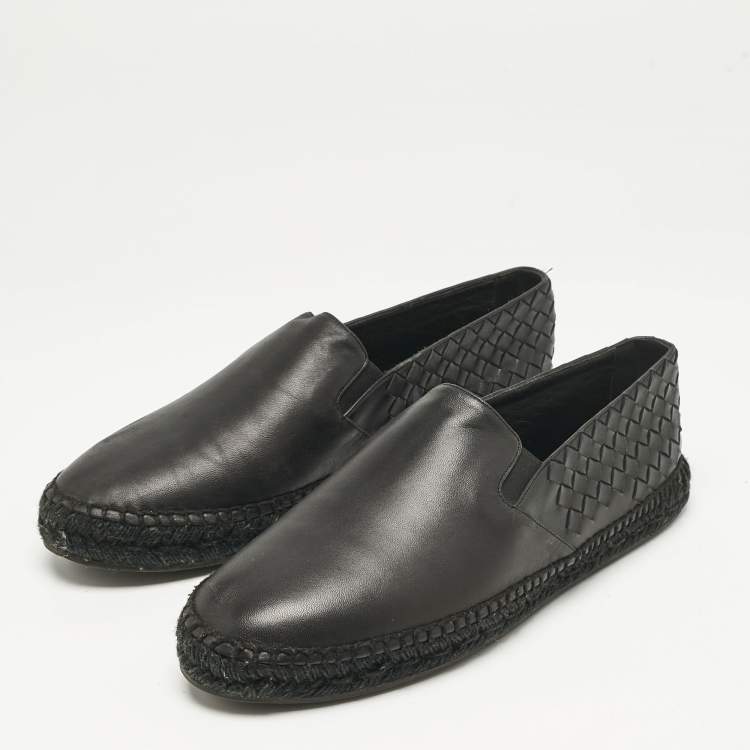 Pre Owned Bottega Veneta Black Intrecciato Leather Slip On Loafers Size 43