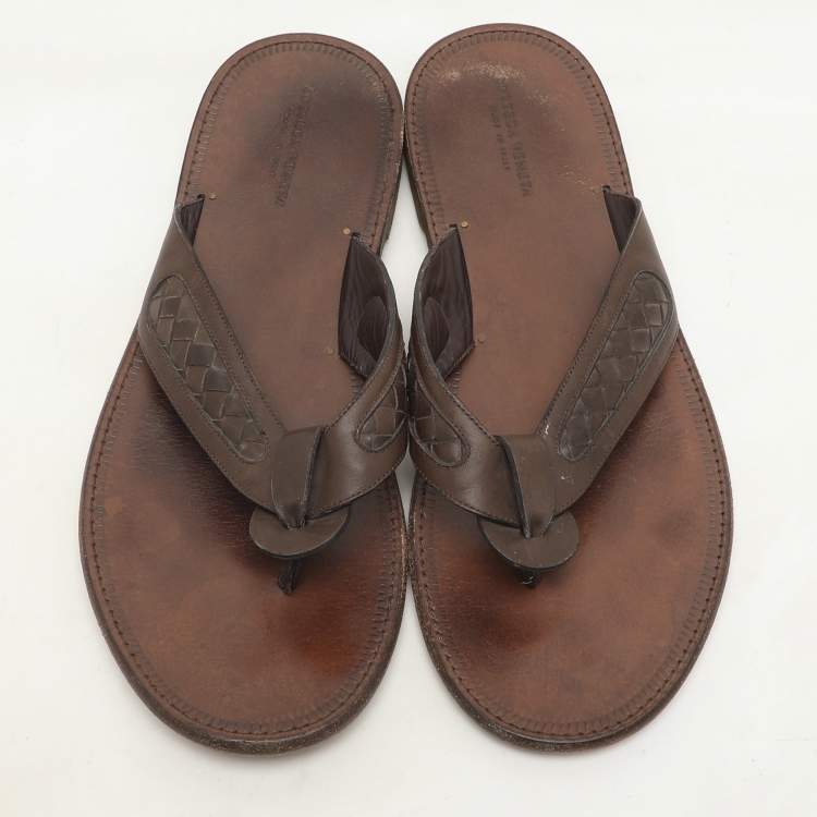 Pre Owned Bottega Veneta Brown Intrecciato Leather Thong Sandals Size 43