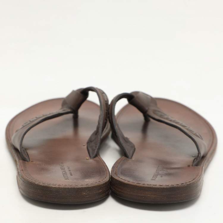 Pre Owned Bottega Veneta Brown Intrecciato Leather Thong Sandals Size 43