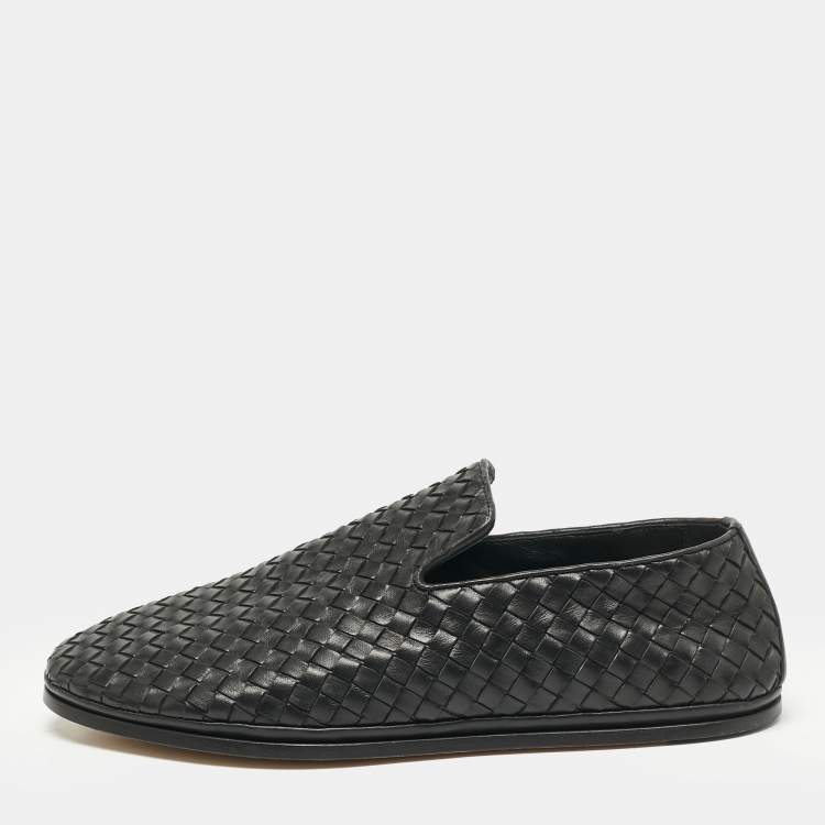 Pre Owned Bottega Veneta Black Intrecciato Leather Slip On Loafers Size 43