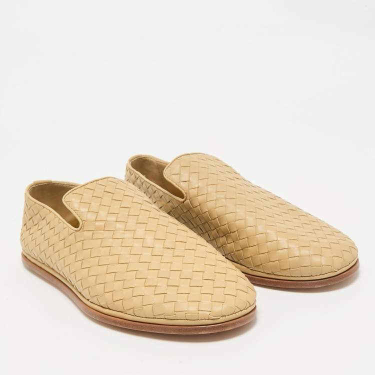 Pre Owned Bottega Veneta Beige Intrecciato Leather Smoking Slippers Size 43