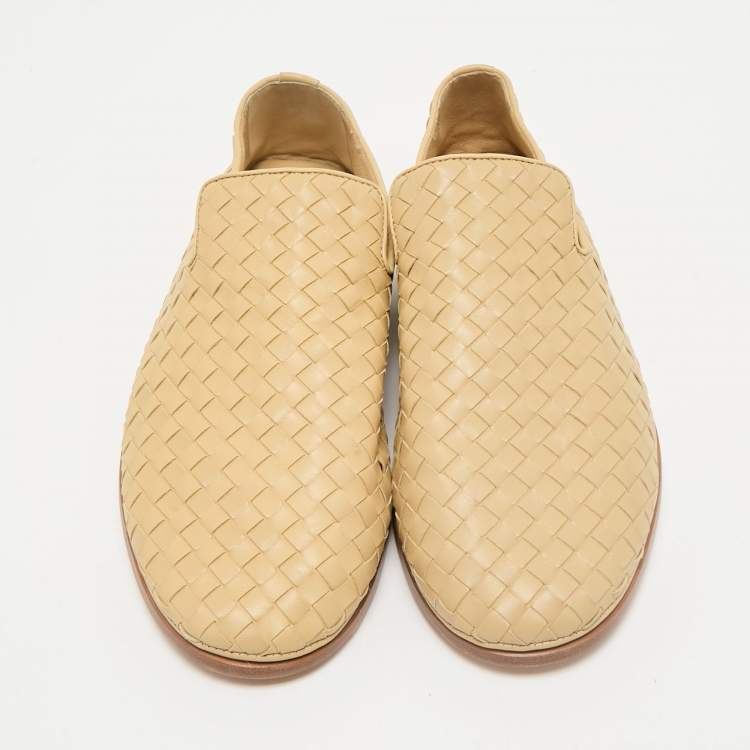 Pre Owned Bottega Veneta Beige Intrecciato Leather Smoking Slippers Size 43