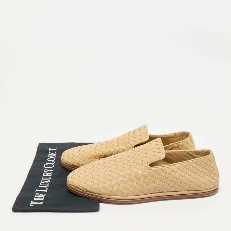 Pre Owned Bottega Veneta Beige Intrecciato Leather Smoking Slippers Size 43