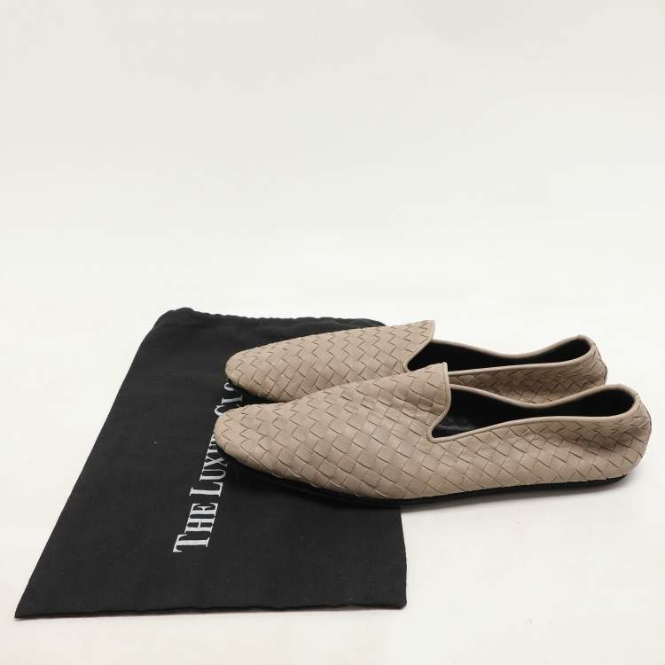 Pre Owned Bottega Veneta Beige Leather Intrecciato Smoking Slippers Size 42.5