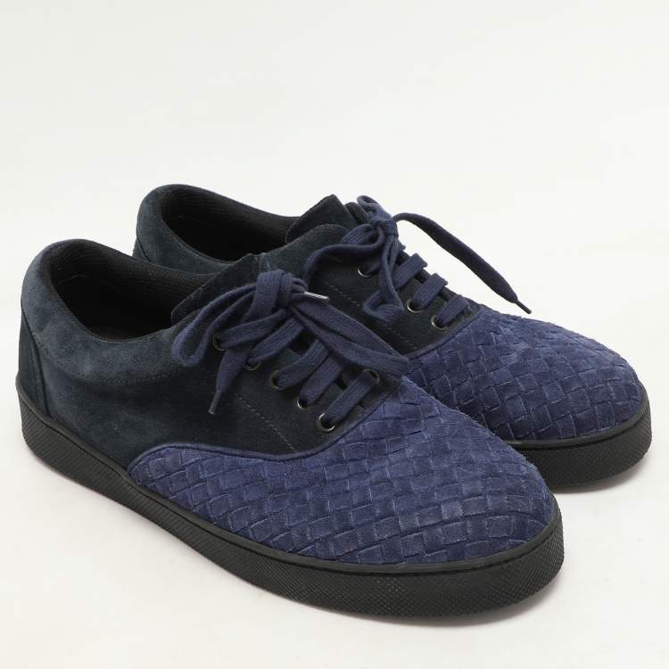 Pre Owned Bottega Veneta Two Tone Blue Suede Intrecciato Low Top Sneakers Size 43