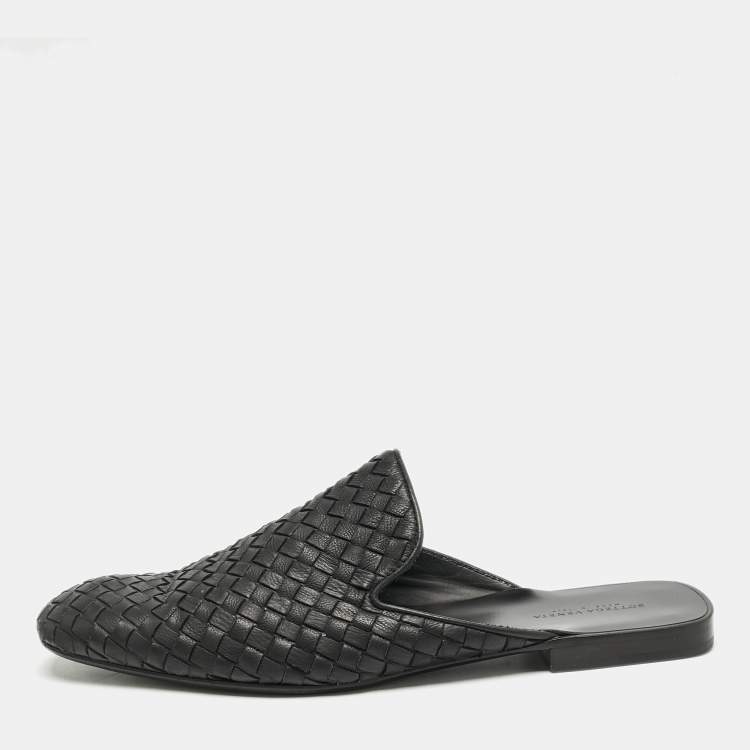 Pre Owned Bottega Veneta Black Intrecciato Leather Fiandra Flat Mules Size 42
