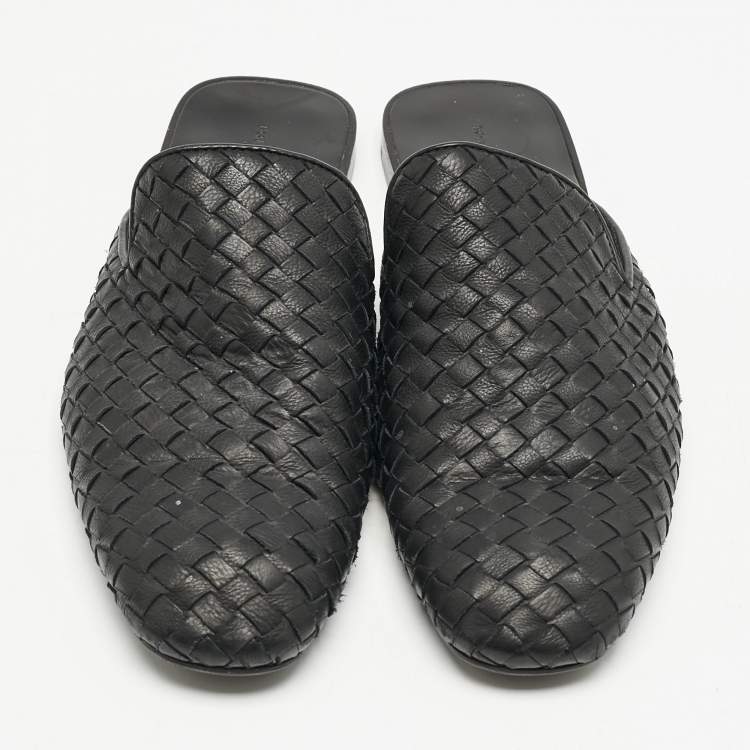 Pre Owned Bottega Veneta Black Intrecciato Leather Fiandra Flat Mules Size 42