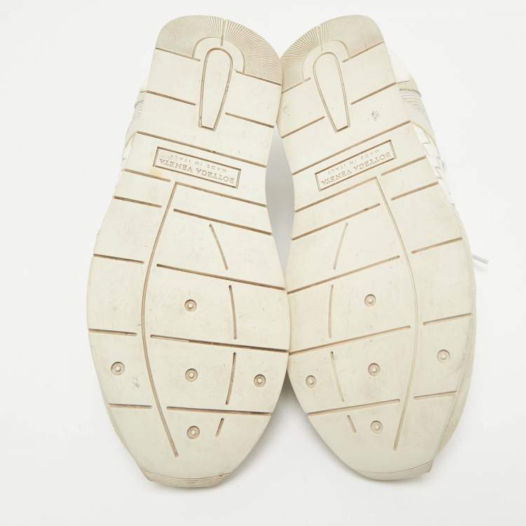 Pre Owned Bottega Veneta Cream/Grey Intrecciato Leather and Suede Lace Up Sneakers Size 42