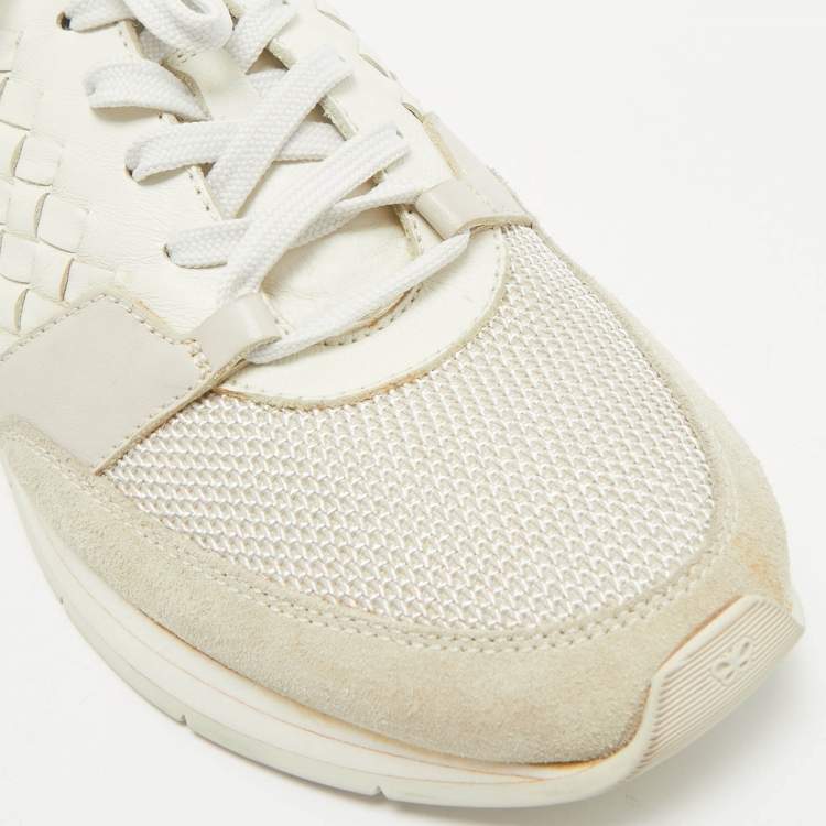 Pre Owned Bottega Veneta Cream/Grey Intrecciato Leather and Suede Lace Up Sneakers Size 42