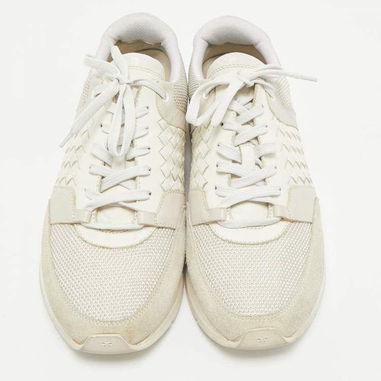 Pre Owned Bottega Veneta Cream/Grey Intrecciato Leather and Suede Lace Up Sneakers Size 42