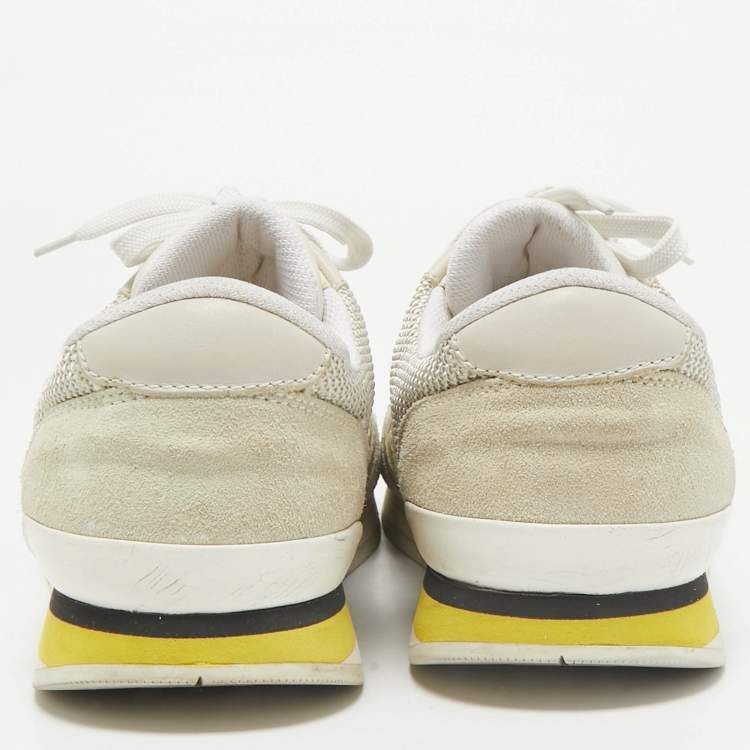Pre Owned Bottega Veneta Cream/Grey Intrecciato Leather and Suede Lace Up Sneakers Size 42