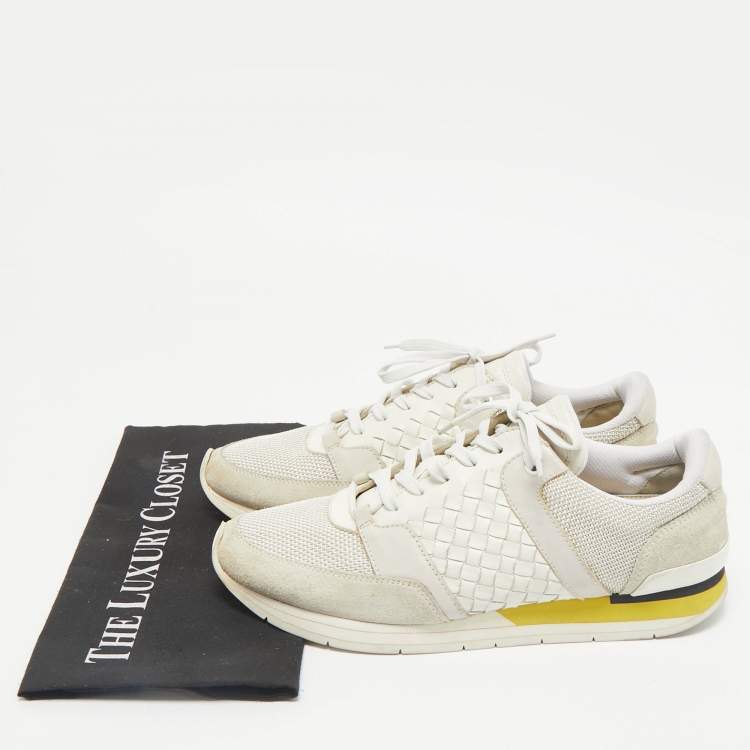 Pre Owned Bottega Veneta Cream/Grey Intrecciato Leather and Suede Lace Up Sneakers Size 42