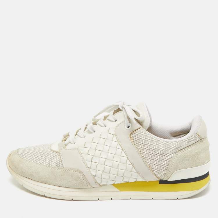 Pre Owned Bottega Veneta Cream/Grey Intrecciato Leather and Suede Lace Up Sneakers Size 42