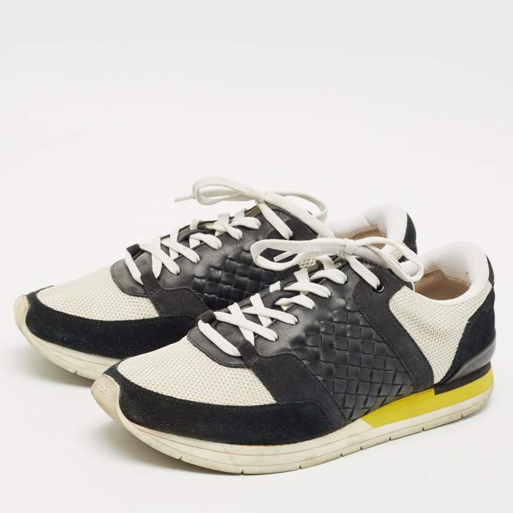 Pre Owned Bottega Veneta White/Black Intrecciato Leather and Suede Lace Up Sneakers Size 42