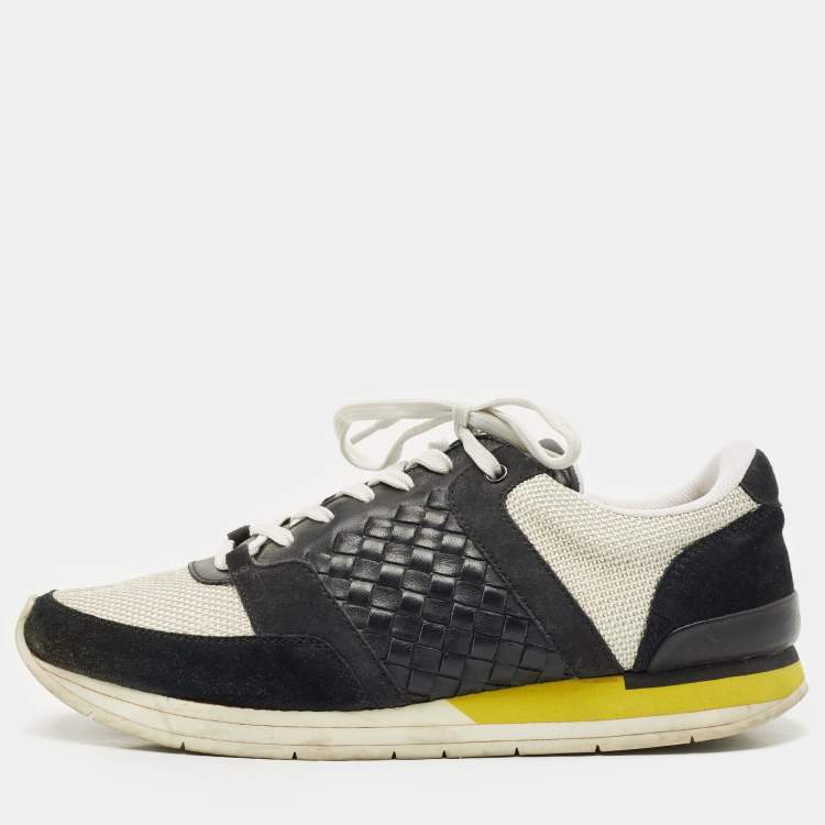 Pre Owned Bottega Veneta White/Black Intrecciato Leather and Suede Lace Up Sneakers Size 42